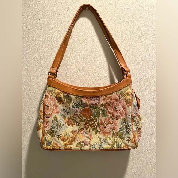 Handbags - Tan Leather Floral Tapestry Bag/Purse